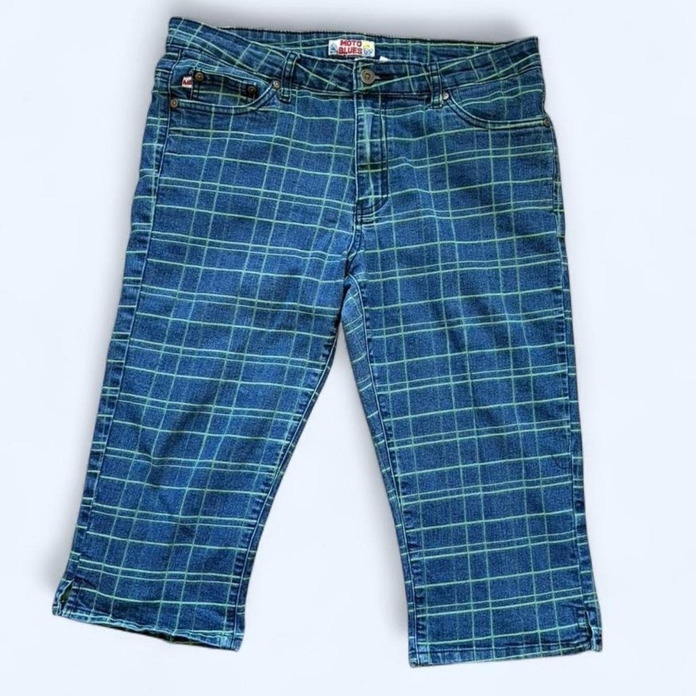 Moto Blues Blue Green Grid Plaid Cropped Capri Denim Jeans Size 14 Y2K Style